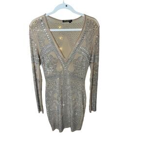 106 Valiant Paris Rhinestone Bodycon Dress Small Nude Beige Long Sleeve V Neck